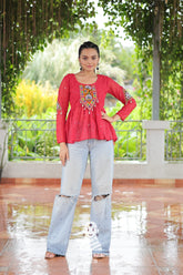 Premium Georgette Peplum Top with Kutchi Patch Schiffli Work π¨πͺ